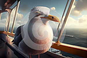 sea gull bird on the railing of the ship stern illustration Generative AI