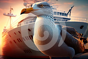 sea gull bird on the railing of the ship stern illustration Generative AI