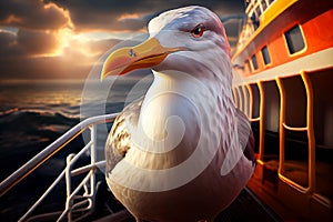 sea gull bird on the railing of the ship stern illustration Generative AI