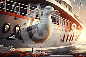 sea gull bird on the railing of the ship stern illustration Generative AI