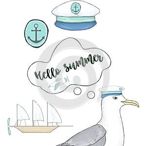 Sea gull and cap captain for card Hello Summer text data celebration sailor set similar clip art bird illustration on white backgr