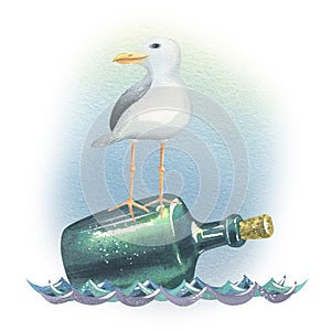 A sea gull floats on a green, glass bottle. Watercolor illustration. Composition from the collection of SEA FISHING. For