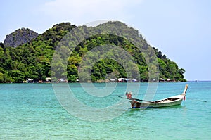 Sea gypsies shacks at Loh Lana bay on Phi Phi Don island