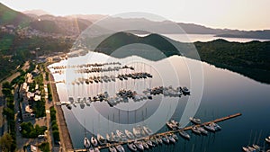 Sea harbor landscape panorama from above. Resort town in the morning.