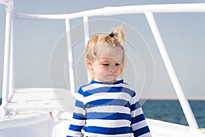 Sea is his vocation. Baby boy enjoy vacation cruise ship. Child cute sailor yacht sunny day. Boy adorable sailor striped