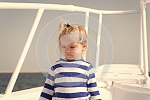 Sea is his vocation. Baby boy enjoy vacation cruise ship. Child cute sailor yacht sunny day. Boy adorable sailor striped