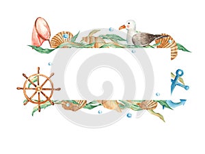 Sea horizontal frame, cute sea gull, wooden steering wheel, seashells, nautical anchor, orange net, seaweeds and water