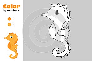 Sea horse in cartoon style, color by number, education paper game for the development of children, coloring page, kids preschool