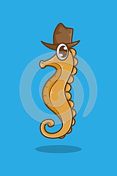 Sea horse with cowboy hat cartoon illustration