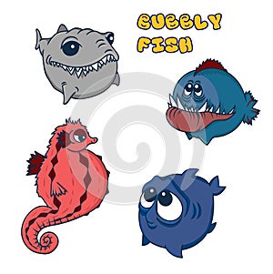 Sea horse, shark, toothy fish and cute big-eyed fish