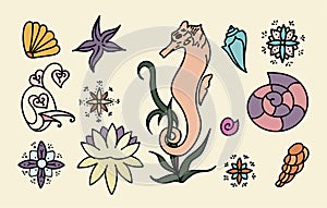 Sea horse, shells and doodle elements. Graphic sea life collection. Vector ocean creatures isolated on light yellow background.