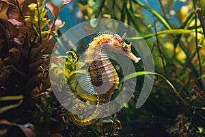 A sea horse swims in an aquarium and gazes directly at the camera, A peaceful seahorse nestled among underwater vegetation, AI