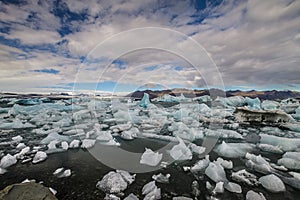 A sea of ice burgs dance around Jokulsarlon Lagoon in Iceland