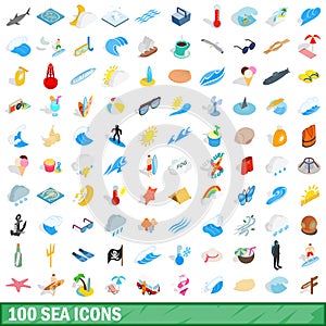 100 sea icons set, isometric 3d style photo