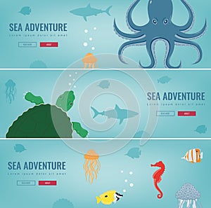 Sea icons and symbols set. Sea animals. Nautical design elements. Concept website template. Vector