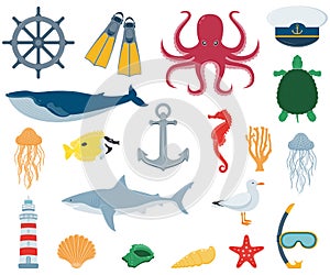 Sea icons and symbols set. Sea animals. Nautical design elements. Vector