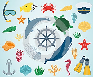 Sea icons and symbols set. Sea animals. Nautical design elements. Vector