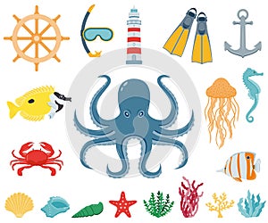 Sea icons and symbols set. Sea animals. Nautical design elements. Vector