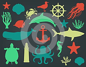 Sea icons and symbols set. Sea animals. Nautical design elements. Vector