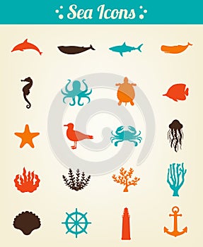 Sea icons and symbols set. Sea animals. Nautical design elements. Vector