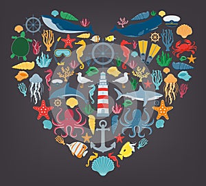 Sea icons and symbols set. Sea animals. Nautical design elements. Vector