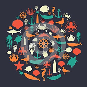 Sea icons and symbols set. Sea animals. Nautical design elements. Vector