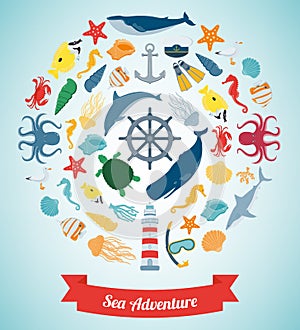 Sea icons and symbols set. Sea animals. Nautical design elements. Vector