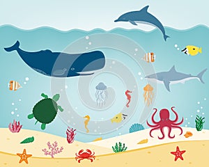 Sea icons and symbols set. Sea animals. Nautical design elements. Vector