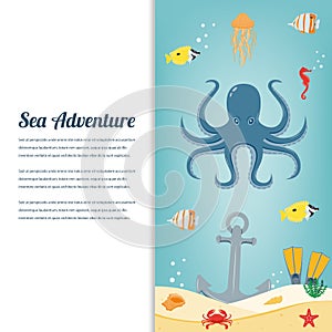 Sea icons and symbols set. Sea animals. Nautical design elements. Vector