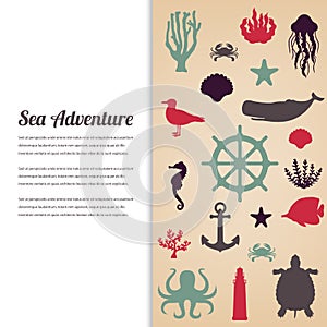 Sea icons and symbols set. Sea animals. Nautical design elements. Vector