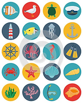 Sea icons and symbols set. Sea animals. Nautical design elements. Vector