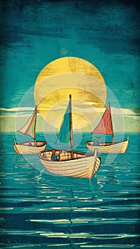 Sea illustration with boats and sunset. Colorful background.