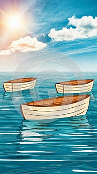 Sea illustration with boats and sunset. Colorful background.