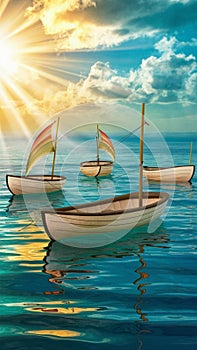 Sea illustration with boats and sunset. Colorful background.