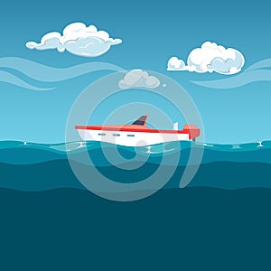 Sea illustration. Red boat rocking on the waves