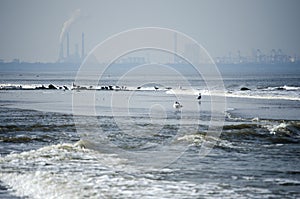 Sea with a industrie skyline