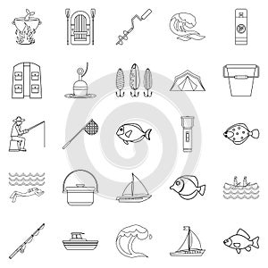 Sea inhabitant icons set, outline style