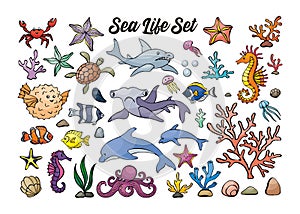 Sea inhabitants in doodle style