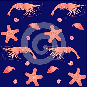 Sea inhabitants - seamless vector pattern. Shrimps, starfish and shells of pink and coral on a dark blue classic background