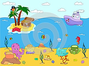 Sea inhabitants and steamship. Octopus, jellyfish, starfish, sea