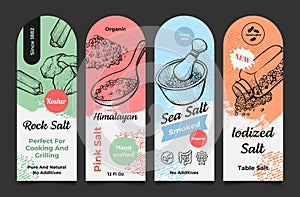 Sea iodized Himalayan salt organic condiment for cooking and grilling label set vector