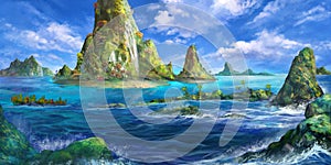 Sea Island, Mountain. Fantasy Backdrop. Concept Art. Realistic Illustration