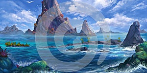 Sea Island, Mountain. Fantasy Backdrop. Concept Art. Realistic Illustration