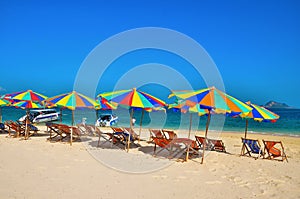 Sea,Island,umbrella,Thailand, Khai Island Phuket, Sun beds and sun umbrellas on a tropical beach