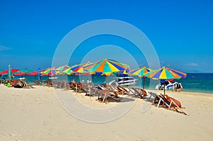 Sea,Island,umbrella,Thailand, Khai Island Phuket, Sun beds and sun umbrellas on a tropical beach