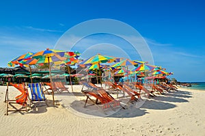 Sea,Island,umbrella,Thailand, Khai Island Phuket, Sun beds and sun umbrellas on a tropical beach