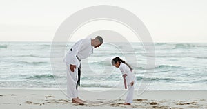 Sea, karate teacher or child learning martial arts, fighting or self defense for fitness coaching. Bow, respect or