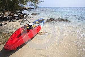 Sea kayak canoe on sea sand beach with beautiful nature coast be