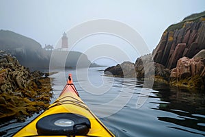 sea kayak by rocky cove, lighthouse in distance, mist