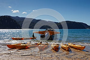 Sea kayaks and water taxi, Abel Tasman National Park, New Zealand
